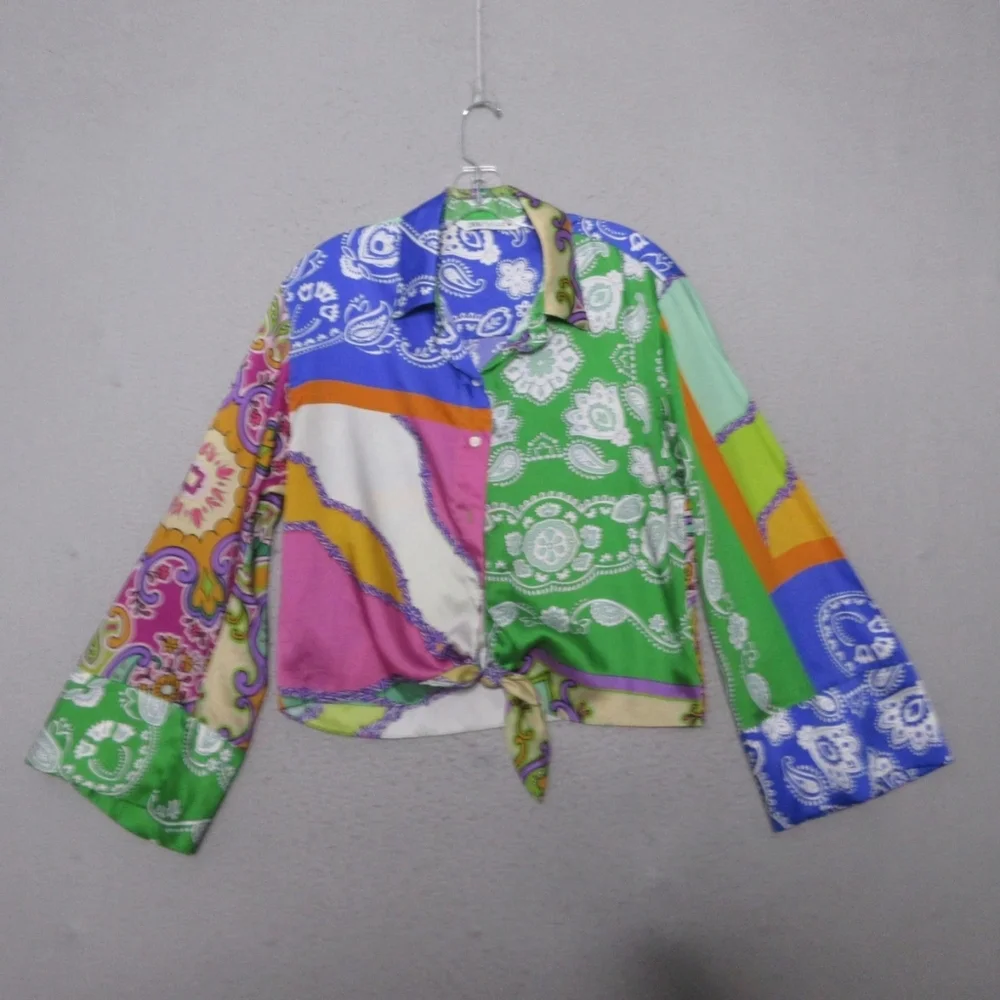 ZARA Chiffon Paisley Sheer Button-Up Collared Blouse Multicolor Women's Size XS - Picture 2 of 6